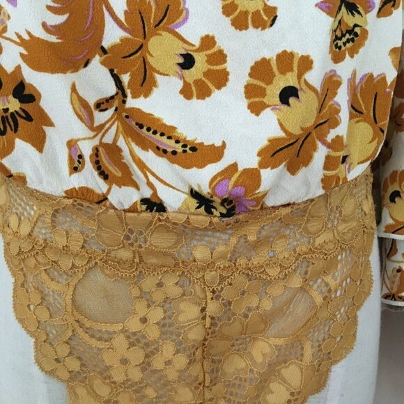 Intimately Free People Ivory Floral Boho Bodysuit Square Neck Tiered Sleeve - XS - Picture 3 of 3